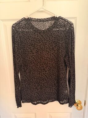 SHEIN Black Sheer Leopard-Print Long Sleeve Top